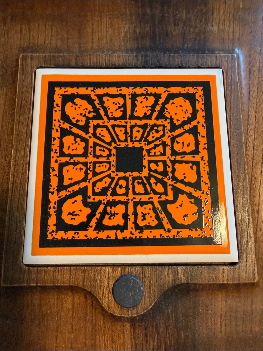 Wood Serving Tray with Decorative Orange Tile